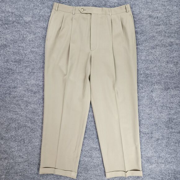 VTG Brooks Brothers Pants Mens 36x28.5 Beige Wool Pleated Cuffed USA Made Casual - Picture 1 of 16